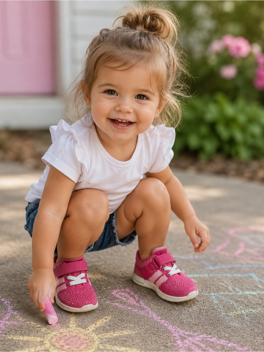 oomphies Girls Pink Knit Sneakers with Hook-and-Loop Strap